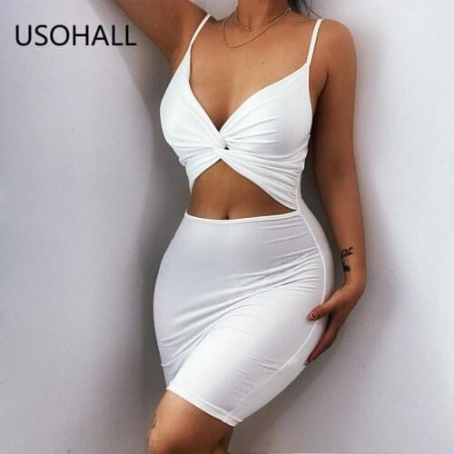 USOHALL Summer New Spaghetti Strap Bodycon Dresses Sexy Hollow Out Clubwear Party Women Mini Dress Beach