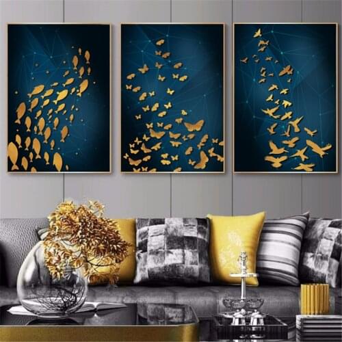 Golden Fish Butterfly Birds Poster Canvas Print Painting Wall Art Living Room Home Decoration