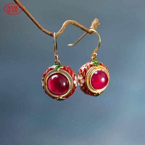 S925 silver jewelry Thai national wind enamel red corundum earrings new products
