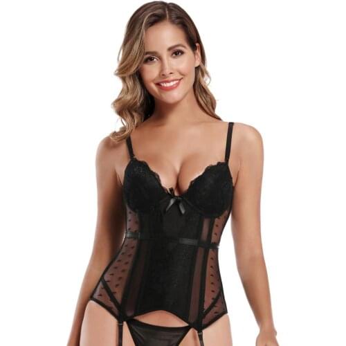 Removable Straps Lingerie Womens Amour Accent Lightly Padded Underwired Basque Corset Bustier With Suspenders 8157
