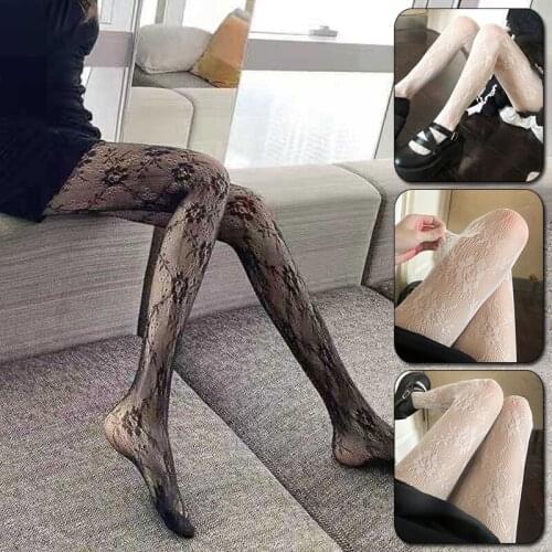 Women Hollow Out Rose Flower Lace Pantyhose Japanese Style See-Through Fishnet Tights Summer Sexy Perspective Net Stockings