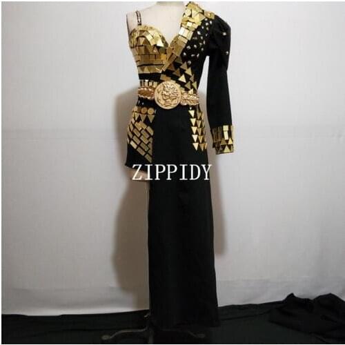Female Singer Nightclub Dance Costume Sequins Leotard Gold Mirrors Bodysuit Half Jacket Black Coat Design Party 2 Pieces Set Dj