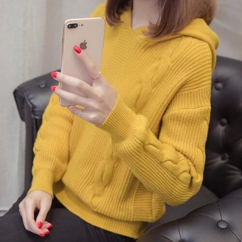 Hooded Women Pullover Sweaters 2021 Fall/Winter Loose Long Sleeve Ladies Knitwear Warm Solid Casual Female Short Sweater Tops