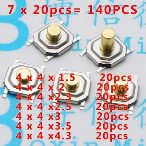 140pcs 4 * 4 * 1.5 / 2 / 2.3 / 2.5 / 3 / 3.5 / 4.3 MM Mixed SMD button touch micro switch waterproof copper head 4 pin Sets Kit