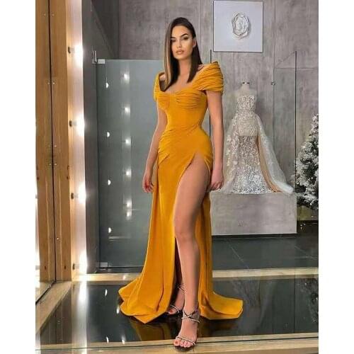 2021 In Stock Yellow Prom Dress Fashion Word Neck Split Sexy Evening Gowns Formal Occasion Vestidos Dargne Brand High Quality