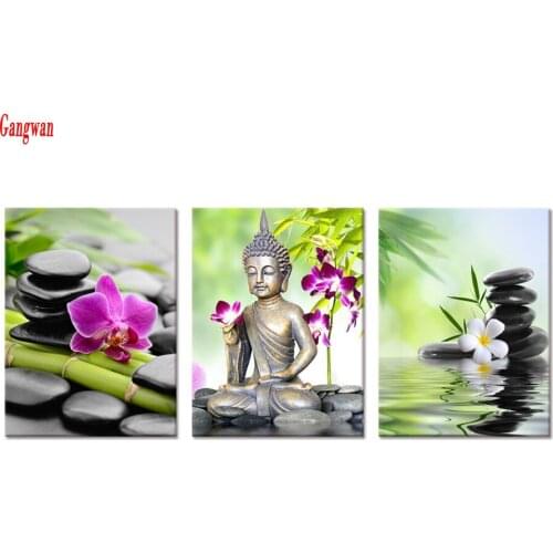 5D Diamond Embroidery Diy Diamond Painting Buddha Spa Zen Stone Orchid Flower 3pcs diamond mosaic Wall painting,Home Decoration
