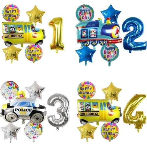6pcs Cartoon Car Balloon Fire Truck Car Train Foil Balloon Ambulance Globos Children Gifts Birthday Party Decorations Kids Balls