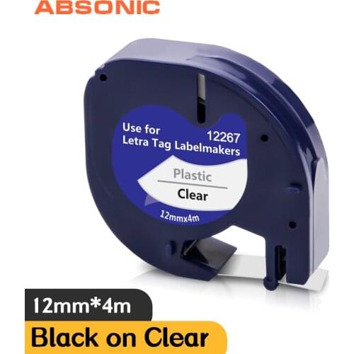 Absonic 12267 Black on Clear Plastic Label Tapes 12mm*4m Compatible Dymo Letratag 16952 16951 for LT-100H LT-110T Label Printer