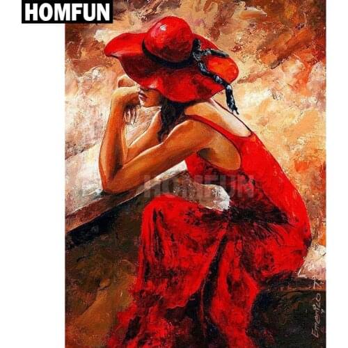 HOMFUN Full Square/Round Drill 5D DIY Diamond Painting "Oil painting hat girl" Embroidery Cross Stitch 3D Home Decor Gift A00097