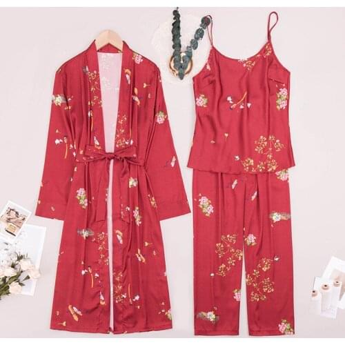 Satin Womens Cardigan Long Sleeve Suit Suspender Trousers Outer Robe Three Piece Morning Pajamas For Sleepwear Women Pajama