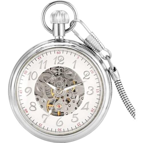 Silver Elegant No Cover Automatic Mechanical Pocket Watch Arabic Numerals White Dial Practical Pendant Chain Mothers Day Gift