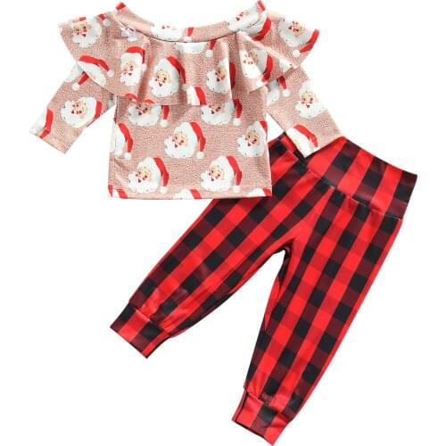 0-3Y Christmas Toddler Baby Girls Clothes Sets Cartoon Santa Claus Long Sleeve Ruffle Pullover Tops Plaid Pants 2pcs