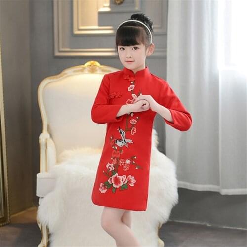 Childrens cheongsam woolen long-sleeved Tang suit autumn and winter new three-dimensional red flower dress cheongsam