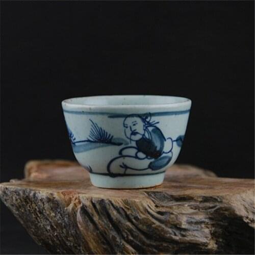 Handmade Porcelain Blue and White Character Pattern Kung Fu Teacup Wine Cup