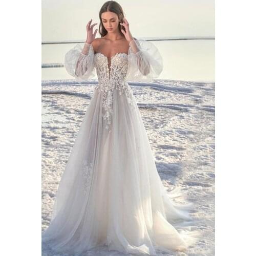 Sweetheart Appliques Lace Puff Long Sleeve Zipper Tulle A-Line Wedding Dress 2021 Vestido De Noiva Bridal Gown