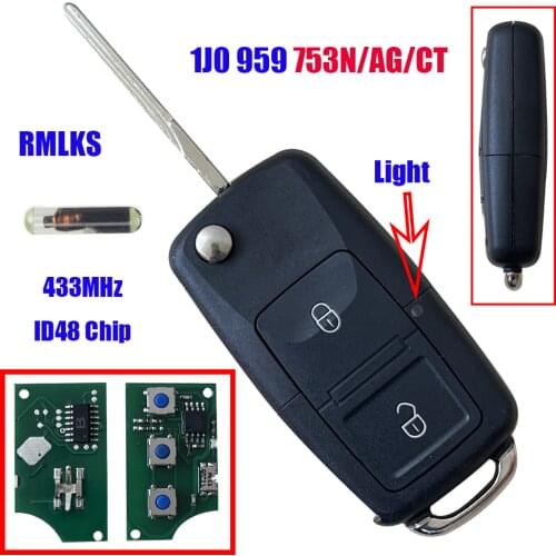 1J0 959 753 AG Folding Remote Key Fob for VOLKSWAGEN For SEAT For SKODA Fabia Superb Octavia 2 Button Transmitt 433MHZ ID48 Chip