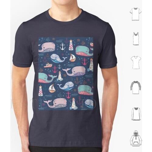 Whale Toss T Shirt Cotton Men DIY Print Whale Lighthouse Ocean Boats Blue Navy Anchors Kids Art Surface Design
