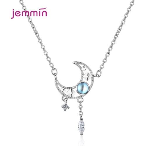 Boutique Women 925 Sterling Silver Link Chain Necklaces Clear Zircon Moon Shape Pendant Necklace New Statement Jewelry