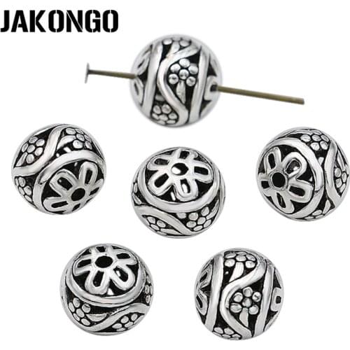 JAKONGO Flower Spacer Beads Antique Silver Plated Hollow Loose Beads for Jewelry Making Bracelet Jewelry Accessories 11mm 8pcs