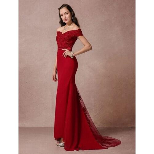 Red Prom Dresses 2020 Long Off The Shoulder Prom Dress Mermaid Backless Evening Dress fishtail Lace Beading Court Train Red Carp