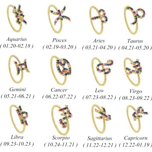 Creative 12 Constellations Rings Jewelry Zodiac Design Fashion Jewelry for Women Rings Mini Rainbow CZ Pave Party Ring Wholesale