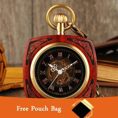 Square Engraved Real Wood Mechanical Pocket Watch Hand Winding Golden Punk Chain Vintage Pendant Clock with Black Pouch Bag