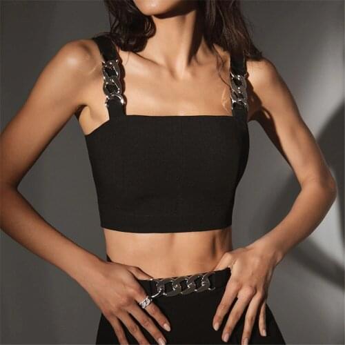 Fashion Casual Women Summer Sleeveless Tunic Girls Dating Wear Square Collar Slim Crop Tops with Metal Chain Pullover Vest Black
