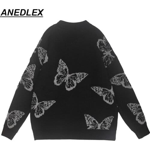 Fashion Sweaters Men Women Butterfly Print Pullovers O-Neck Autumn Winter Harajuku Streetwear Loose Knitted Sweater Cotton Black