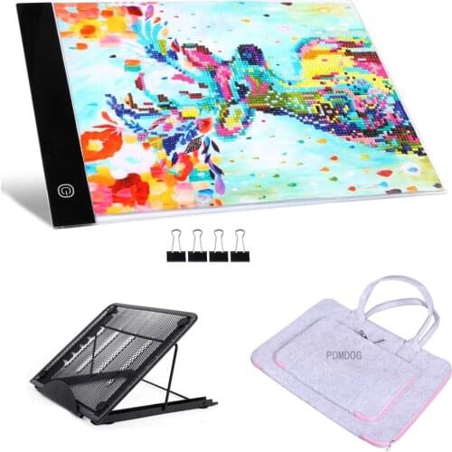PDMDOG Diamond painting A4 5D LED light mat set includes suitcase bag, A4 LED light mat, metal bracket and black clip