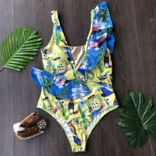 Sexy Ruffled One Piece Swimsuit Women 2020 Women Floral Print V Neck Push Up Patchwork Monokini Bathing Suit Swimwear Beachwear