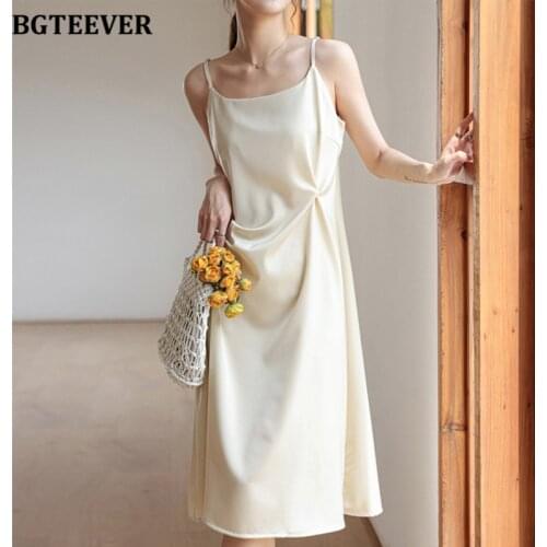 BGTEEVER New Summer Spaghetti Strap Women Mid-Length Dress Elegant Sleeveless Loose Female Dress Casual Ladies Vestidos 2021