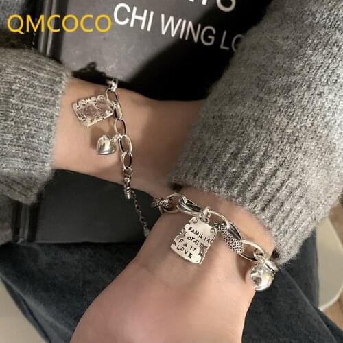 QMCOCO 925 Silver Letter Square Heart-Shape Pendant Geometry Bracelet For Women Girl Simple Classic Bracelet Jewelry Gifts