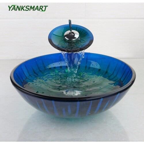 YANKSMART Seaweed Bathroom Basin Sink Tempered Glass Vessel Round Sink With Waterfall Faucet & Pop-up Drain Washbasin Set Tap