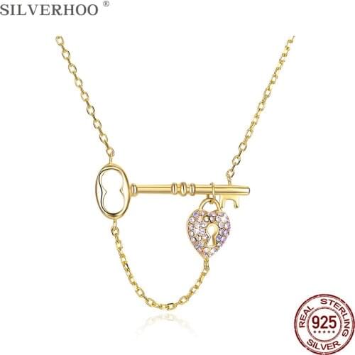 SILVERHOO Genuine 925 Silver Choker Necklace Forever Love Key Pendant Chain Women Anniversarys Day Romantic Gifts Fine Jewelry