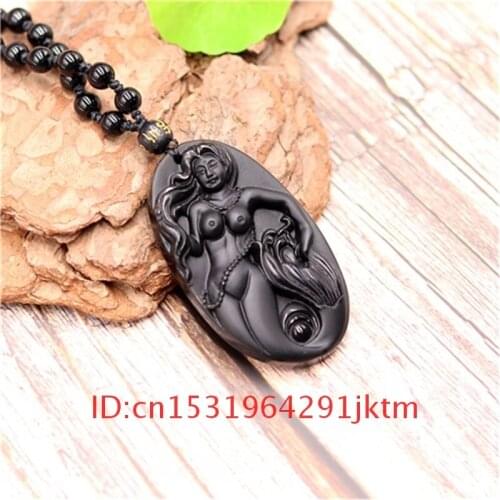 Jewelry Beads Natural Amulet Women Gifts Fashion Black Jade Obsidian Mermaid Pendant for Chinese Charm Necklace