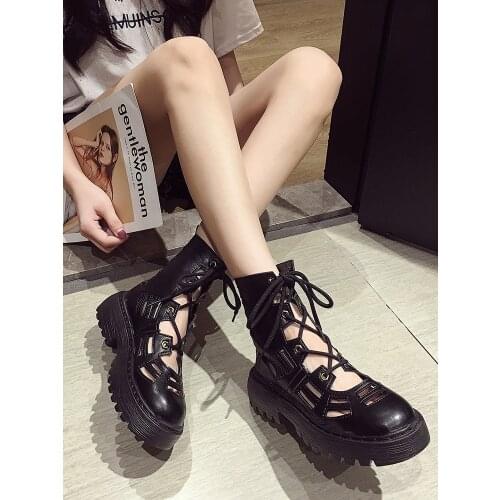 Womens shoes 2020 autumn new thin short boots breathable thick-soled hollow lace-up sandals