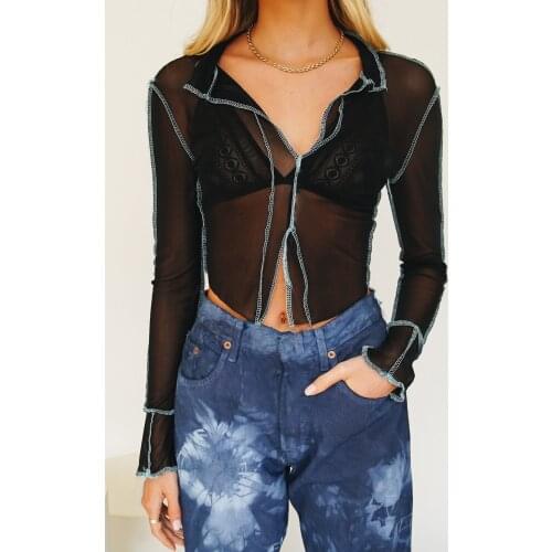 Female Shirt Summer Solid Color Turn-Down Collar Long Sleeve Tops See-Through Shirt