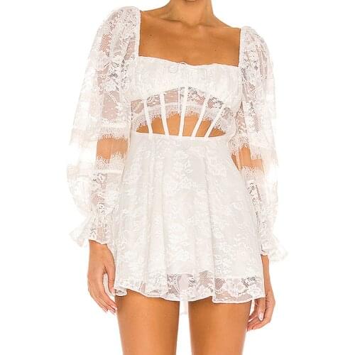 Summer women holiday sexy backless short Dress Lace puff sleeve Hollow Out Dresses zipper sweet Slim A-Line Exposed Vestidos