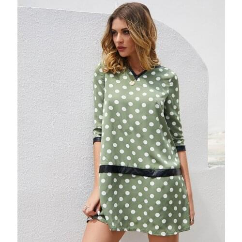 Commuter Polka Dot Mini Dress Womens 2021 Summer New Leather Stitching Ultra Short Holiday Skirt V-neck Half Skirt Dress