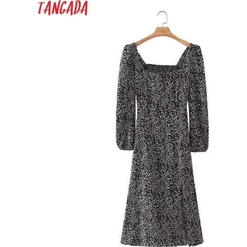 Tangada Female Dress Floral Print Romantic Dress Square Collar Long Sleeve Females Midi Dresses Vestidos 2M234