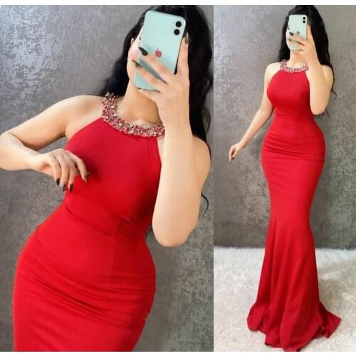 Elegant Halter Neck Long Red Mermaid Evening Dresses Beaded Pleat Floor Length Zipper Back Formal Party Dresses for Women