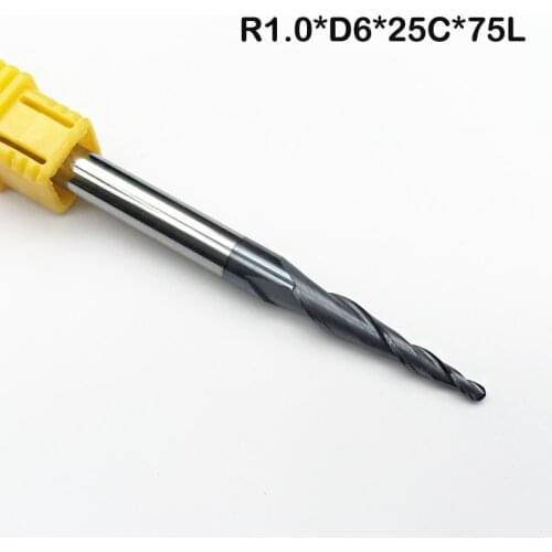 2pcs R1*D6*25*75L*2F HRC55 Tungsten solid carbide Taper Ball Nose End Mill cone milling cutter cnc router bit wood knife tool