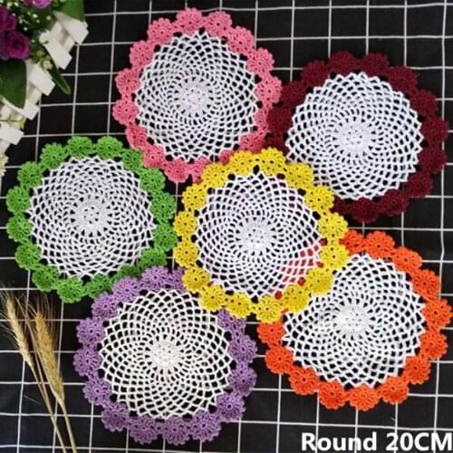 20CM Round Delicate Cotton Flowers Lace Placemats Christmas Crochets Coffee Drink Mat Dining Table Pad Wedding Doily Coasters