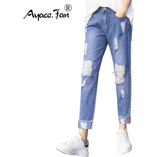 2019 Women`s Cross-pants Mid Waist Washed Jeans Blue Cuffs Denim Ankle-Length Pants Boyfriend Jean Femme For Women Trousers