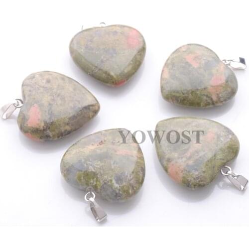 5pcs Natural Unakite Jaspers Semi-precious Stone Beads Love Heart shaped Pendants For Lover Romantic Jewellery 25x25mm QN3839