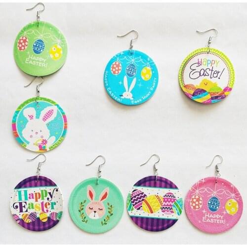 8 Pairs/Set Nickel-Free Funny Bunny Hapy Easter Eggs Hunt Party Plate Shaped Leather Earrings Wholesale