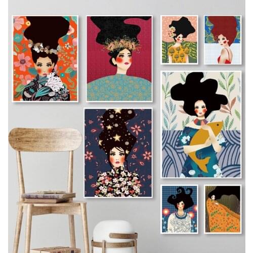Abstract Girl Hair Flower Leaf Vintage Wall Art Canvas Painting Nordic Posters And Prints Wall Pictures For Living Room Decor