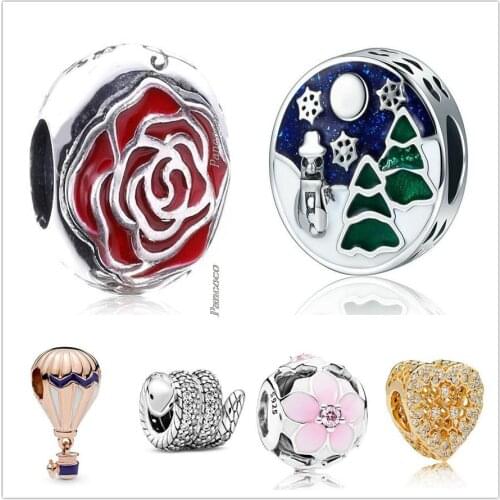 Authentic 925 Sterling Silver Cute Sparkling Wrapped Snake With Crysta Charm Beads Fit Women Pandora Bracelet & Necklace Jewelry