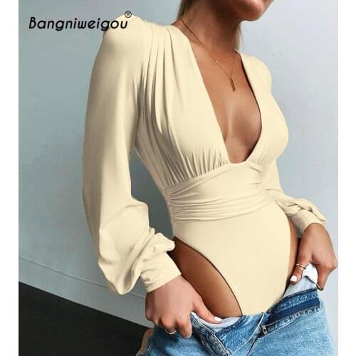Bangniweigou french elegant deep v-neck tshirt rompers women puff long sleeve high waist slim bodysuit office lady khaki clothes
