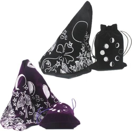 Velvet Tarot Tablecloth with Bag Witch Divination Moon Phases Lover Luna Moth Altar Cloth Game Card Pad